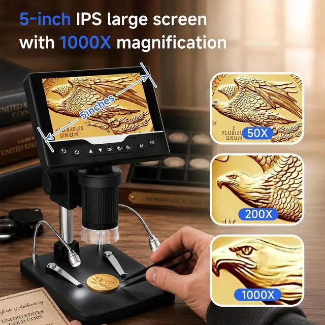 Alt view image 2 of 7 - Digital Microscope 1000X, 5" HD Display,CoinJewelry Magnifier | Adjustable LED Light, 3Hrs Working Time,12MP Photo Video, Support 4TB TF Card USB PC View and Transfer for Collectors