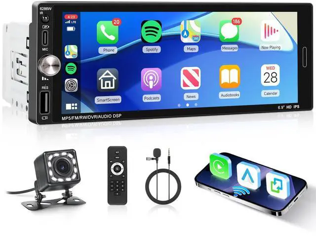 Main image of Single Din Car Stereo with Wireless CarPlay Android Auto Mirror Link, Car Radio Bluetooth Handsfree Headunit 6.9 Inch 1 Din IPS Touch Screen FM Type-C USB Charging EQ SWC with Reverse Camera