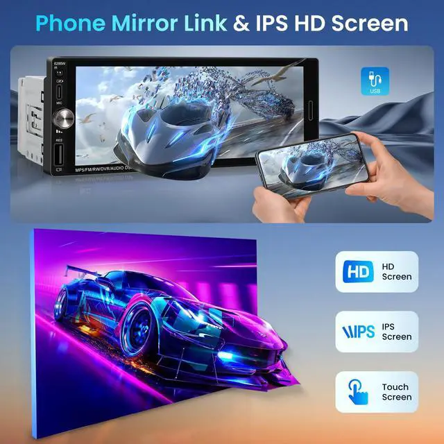 Alt view image 3 of 7 - Single Din Car Stereo with Wireless CarPlay Android Auto Mirror Link, Car Radio Bluetooth Handsfree Headunit 6.9 Inch 1 Din IPS Touch Screen FM Type-C USB Charging EQ SWC with Reverse Camera