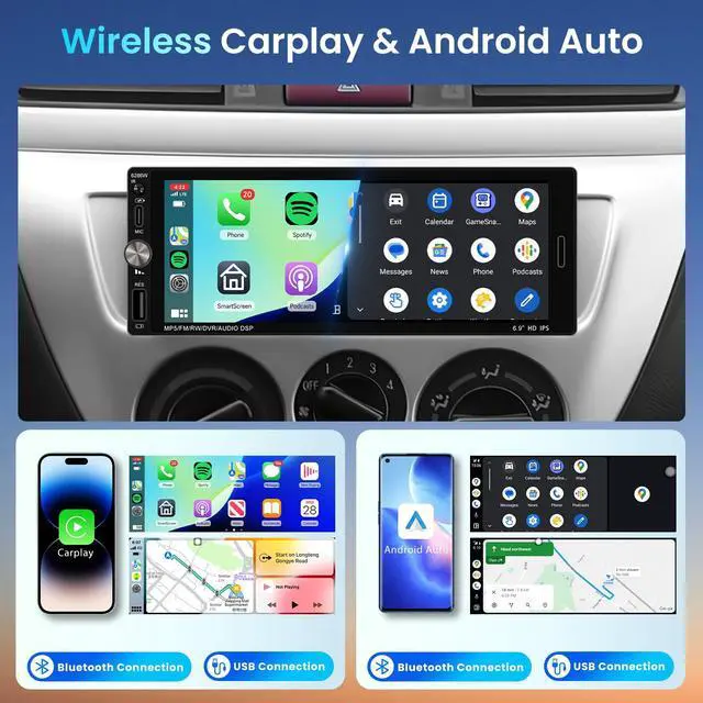 Alt view image 2 of 7 - Single Din Car Stereo with Wireless CarPlay Android Auto Mirror Link, Car Radio Bluetooth Handsfree Headunit 6.9 Inch 1 Din IPS Touch Screen FM Type-C USB Charging EQ SWC with Reverse Camera