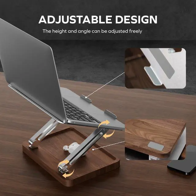 Alt view image 3 of 7 - Laptop Stand for Desk, Laptop Riser with Walnut Storage Base | Adjustable Laptop Stand, Ergonomic Wooden Laptop Ventilated Stand for 10 to 17.3 Inches Notebook PC Computer
