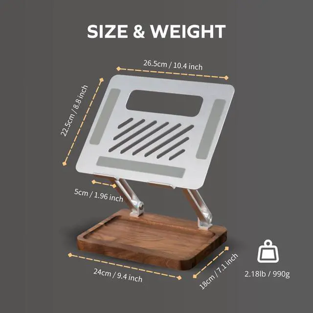 Alt view image 5 of 7 - Laptop Stand for Desk, Laptop Riser with Walnut Storage Base | Adjustable Laptop Stand, Ergonomic Wooden Laptop Ventilated Stand for 10 to 17.3 Inches Notebook PC Computer