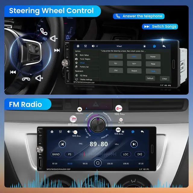 Alt view image 5 of 7 - Single Din Car Stereo with Wireless CarPlay Android Auto Mirror Link, Car Radio Bluetooth Handsfree Headunit 6.9 Inch 1 Din IPS Touch Screen FM Type-C USB Charging EQ SWC with Reverse Camera