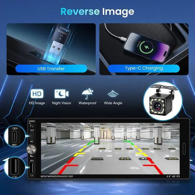 Alt view image 6 of 7 - Single Din Car Stereo with Wireless CarPlay Android Auto Mirror Link, Car Radio Bluetooth Handsfree Headunit 6.9 Inch 1 Din IPS Touch Screen FM Type-C USB Charging EQ SWC with Reverse Camera