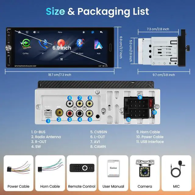 Alt view image 7 of 7 - Single Din Car Stereo with Wireless CarPlay Android Auto Mirror Link, Car Radio Bluetooth Handsfree Headunit 6.9 Inch 1 Din IPS Touch Screen FM Type-C USB Charging EQ SWC with Reverse Camera