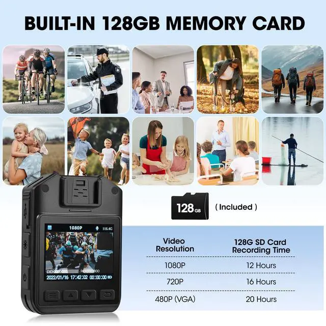 Alt view image 2 of 7 - Body Cameras with Audio and Video Recording,1080P,128G Memory,Night Vision,3000mah Battery Last 11-12 Hrs, Wearable Body Cam for Law Enforcement, Security Guard,Civilian,Personal Use