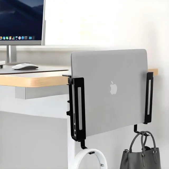 Alt view image 6 of 6 - Adjustable Desk Side Laptop Mount Holder with Headphone Hook, No Drill Desk Storage Organizer (Black)