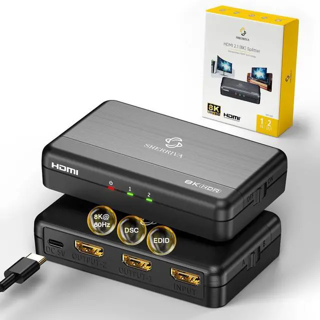 Main image of 8K HDMI Splitter 1 in 2 Out (Mirror Only) HDMI 2.1 8K@60Hz, 4K@240Hz DSC | 48Gbps, HDCP 2.3, EDID, Auto Downscaling, Duplicate Screens for Dual Monitors, TV, PS5, Xbox