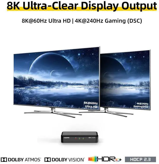 Alt view image 2 of 7 - 8K HDMI Splitter 1 in 2 Out (Mirror Only) HDMI 2.1 8K@60Hz, 4K@240Hz DSC | 48Gbps, HDCP 2.3, EDID, Auto Downscaling, Duplicate Screens for Dual Monitors, TV, PS5, Xbox