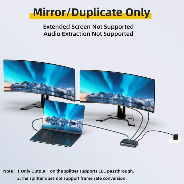 Alt view image 3 of 7 - 8K HDMI Splitter 1 in 2 Out (Mirror Only) HDMI 2.1 8K@60Hz, 4K@240Hz DSC | 48Gbps, HDCP 2.3, EDID, Auto Downscaling, Duplicate Screens for Dual Monitors, TV, PS5, Xbox