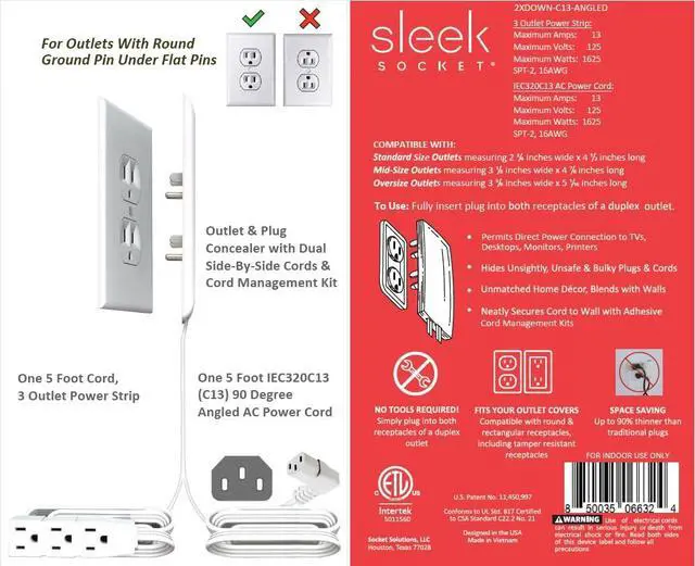 Alt view image 3 of 3 - Original & Patented Ultra-Thin Outlet Concealer with Cord Concealer Kit, 5 Foot A/C Power Cord and C7 or C13 Connector for TV, and 5 Foot Cord, 3 Outlet Power Strip