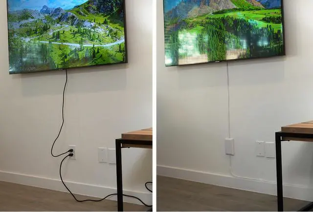 Alt view image 2 of 3 - Original & Patented Ultra-Thin Outlet Concealer with Cord Concealer Kit, 5 Foot A/C Power Cord and C7 or C13 Connector for TV, and 5 Foot Cord, 3 Outlet Power Strip
