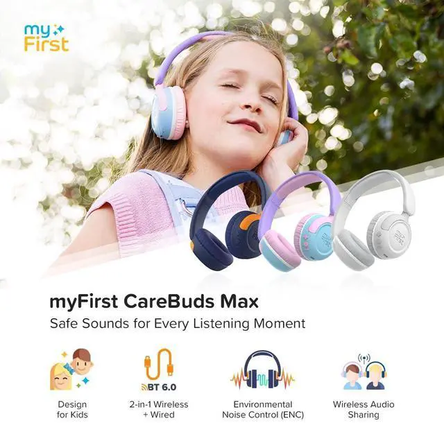 Alt view image 2 of 7 - CareBuds Max Kids Headphones, Wireless & Wired Bluetooth Headphones for Kids with Mic, 85/94dB Volume Limit, 52H Playtime, Fast Charge, Dual Audio Sharing, on Ear Toddler Headphones