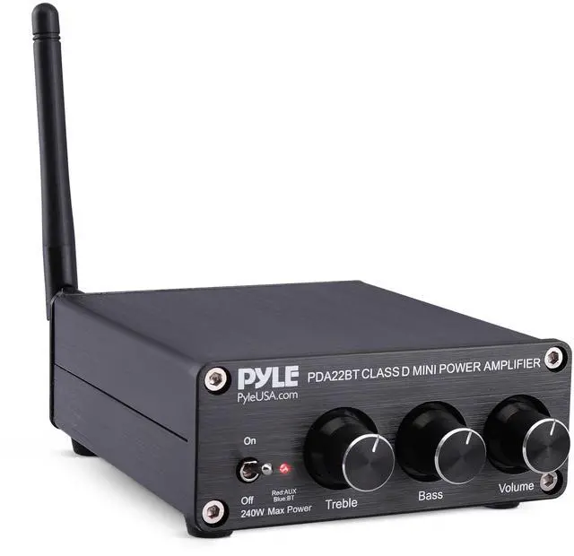 Main image of 240W Mini Bluetooth Home Stereo Amplifier - 2 Channel Compact Micro Receiver with Bass & Treble Control Dials - Includes Power Supply - Use with Passive Speakers for Indoor - Garage - Desktop