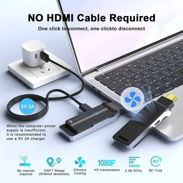 Alt view image 2 of 7 - Wireless HDMI Transmitter & Receiver Kit with Heat Dissipation, 90° Bendable Interface, Dual-Band 2.4G/5G - Stream Video & Audio from Laptops/TV Boxes/Projectors to Monitors (Equip USB-C to HDMI)