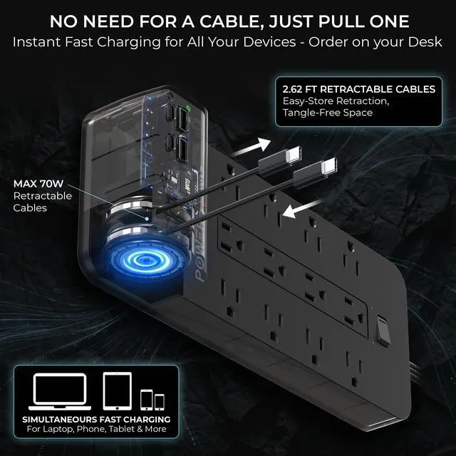 Alt view image 3 of 7 - Power Strip with USB Ports | 18-in-1 2100J Surge Protector | 70W Gan Retractable USB C Cables,12 AC Outlets,2 USB C & 2 USB A Ports | 5ft Extension Cord, Flat Plug & Wall Mount |Dorm Room Essentials