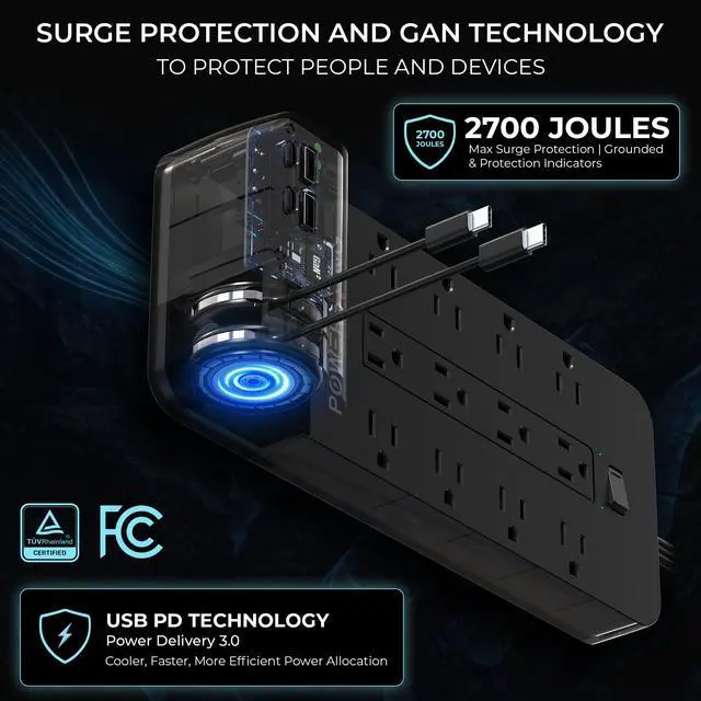 Alt view image 5 of 7 - Power Strip with USB Ports | 18-in-1 2100J Surge Protector | 70W Gan Retractable USB C Cables,12 AC Outlets,2 USB C & 2 USB A Ports | 5ft Extension Cord, Flat Plug & Wall Mount |Dorm Room Essentials