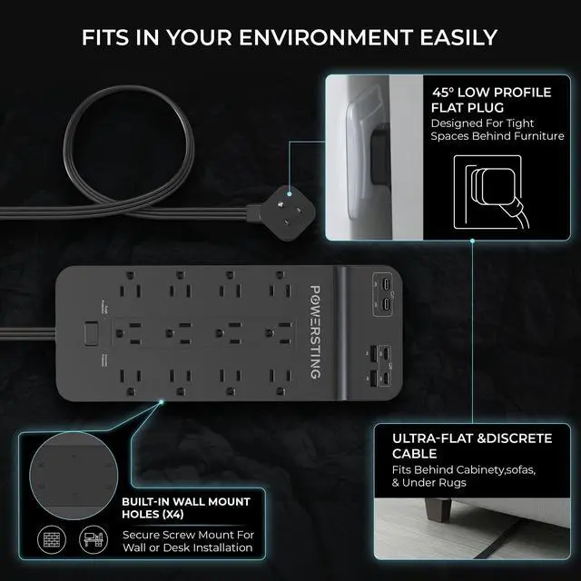 Alt view image 6 of 7 - Power Strip with USB Ports | 18-in-1 2100J Surge Protector | 70W Gan Retractable USB C Cables,12 AC Outlets,2 USB C & 2 USB A Ports | 5ft Extension Cord, Flat Plug & Wall Mount |Dorm Room Essentials