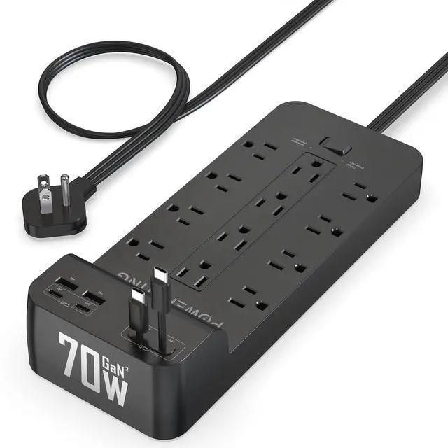 Main image of Power Strip with USB Ports | 18-in-1 2100J Surge Protector | 70W Gan Retractable USB C Cables,12 AC Outlets,2 USB C & 2 USB A Ports | 5ft Extension Cord, Flat Plug & Wall Mount |Dorm Room Essentials