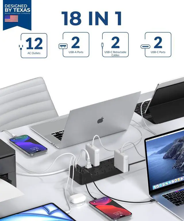 Alt view image 7 of 7 - Power Strip with USB Ports | 18-in-1 2100J Surge Protector | 70W Gan Retractable USB C Cables,12 AC Outlets,2 USB C & 2 USB A Ports | 5ft Extension Cord, Flat Plug & Wall Mount |Dorm Room Essentials