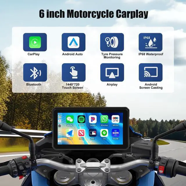 Alt view image 2 of 7 - Wireless Motorcycle CarPlay Android Auto 6 Inch Car Play Moto Support TPMS Bluetooth IP68 Waterproof for Motorbike GPS Navigation,Siri,Google Assistant