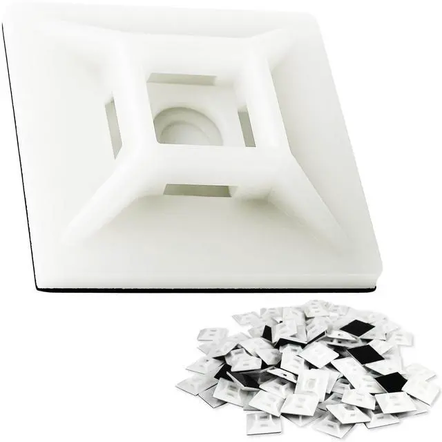 Main image of Large, Premium Zip Tie Adhesive-Backed Mounts 100 Pk by. Pro-Grade, UV White Cable Tie Bases: 1.1 in x 1.1 in. Screw-Hole Anchor Point Gives High-Strength Durability for Long-Term Use