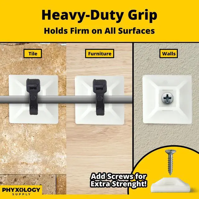 Alt view image 7 of 7 - Large, Premium Zip Tie Adhesive-Backed Mounts 100 Pk by. Pro-Grade, UV White Cable Tie Bases: 1.1 in x 1.1 in. Screw-Hole Anchor Point Gives High-Strength Durability for Long-Term Use
