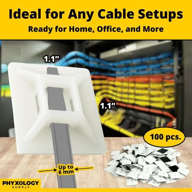 Alt view image 4 of 7 - Large, Premium Zip Tie Adhesive-Backed Mounts 100 Pk by. Pro-Grade, UV White Cable Tie Bases: 1.1 in x 1.1 in. Screw-Hole Anchor Point Gives High-Strength Durability for Long-Term Use