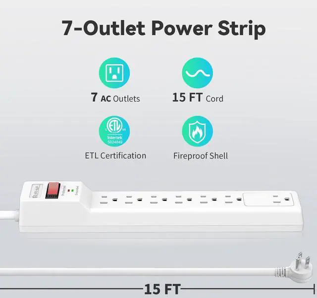 Alt view image 2 of 7 - 20FT Surge Protector (900 Joules) | Flat Plug Power Strip, 20FT Extension Cord with Multiple Outlets, 7 Outlets, ETL Listed, 14 Gauge, Wall Mountable, White