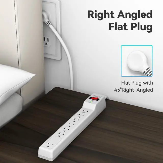 Alt view image 5 of 7 - 20FT Surge Protector (900 Joules) | Flat Plug Power Strip, 20FT Extension Cord with Multiple Outlets, 7 Outlets, ETL Listed, 14 Gauge, Wall Mountable, White