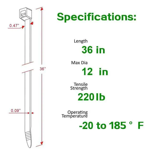 Alt view image 2 of 7 - Zip Ties Heavy Duty 36 inch, Industrial 60 Pack 220 lbs Strength | Extra Long Wide Nylon Cable Ties, Self-Locking Strong Tie Wraps for Indoor & Outdoor, Garden, Automotive, HVAC, Agriculture