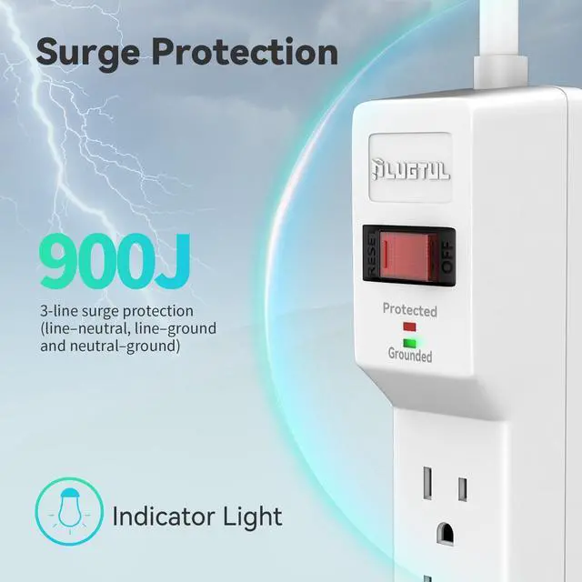 Alt view image 3 of 7 - 20FT Surge Protector (900 Joules) | Flat Plug Power Strip, 20FT Extension Cord with Multiple Outlets, 7 Outlets, ETL Listed, 14 Gauge, Wall Mountable, White