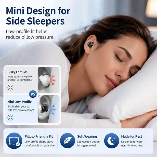Alt view image 2 of 7 - Invisible Sleep Earbuds for Side Sleepers, Mini Bluetooth Headphones, Black | Ultra-small wireless Earphones with LED power display and a noise-blocking for Sports, travel, work,side sleeping