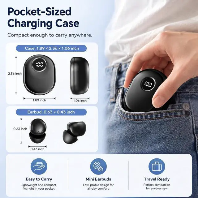 Alt view image 3 of 7 - Invisible Sleep Earbuds for Side Sleepers, Mini Bluetooth Headphones, Black | Ultra-small wireless Earphones with LED power display and a noise-blocking for Sports, travel, work,side sleeping
