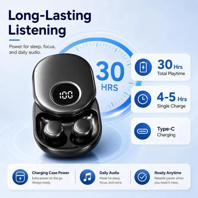 Alt view image 4 of 7 - Invisible Sleep Earbuds for Side Sleepers, Mini Bluetooth Headphones, Black | Ultra-small wireless Earphones with LED power display and a noise-blocking for Sports, travel, work,side sleeping