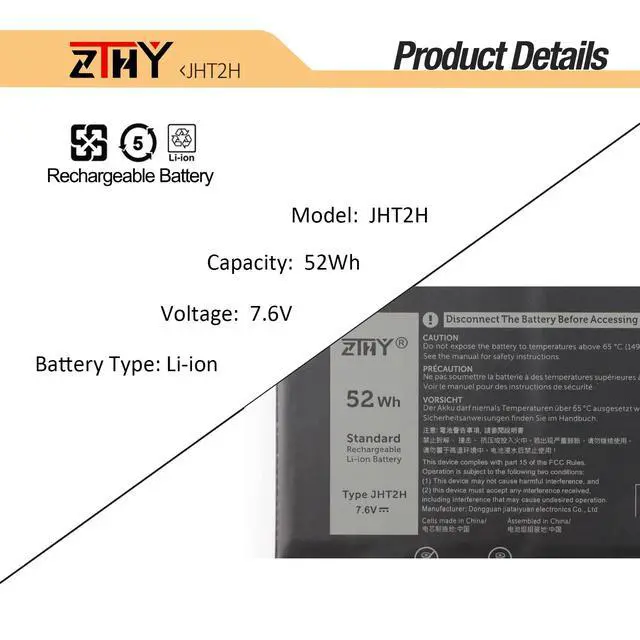 Alt view image 3 of 7 - 52Wh JHT2H Laptop Battery Replacement for Dell Latitude 7310 7410 | Latitude 7410 Chromebook Enterprise P33S P33S001 P34S P34S001 35J09 0WY9MP 04V5X2 HRGYV 0HRGYV 4V5X2 09YYF 7.6V 6500mAh 4Cell