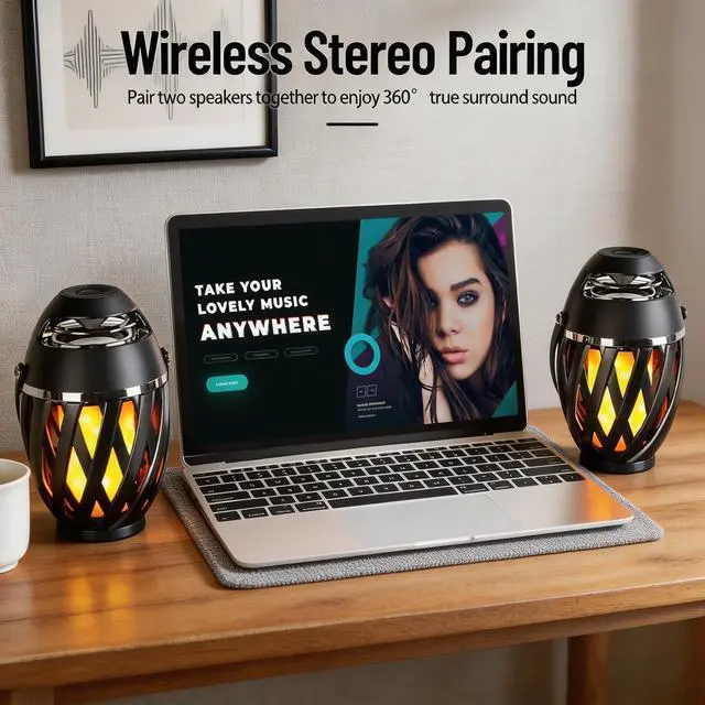 Alt view image 4 of 7 - 2 Pack Outdoor Bluetooth Speakers Waterproof Wireless, Birthday Gifts for Men Dad, LED Flame Ambient Light, Camping Patio Accessories, Unique Gifts for Him Husband Boyfriend Dad Gifts