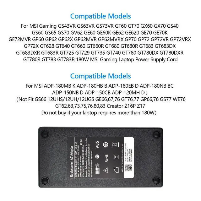Alt view image 5 of 7 - 180W 19.5V 9.23A AC Laptop Charger Fit for MSI Gaming Laptop GS73VR GS63VR | Compatible with MSI Gaming Laptop GS43VR GS60 GS63 GS65 GS70 GE60 GE62 GE72 GT60 GT70 with Power Cord - Certified UL