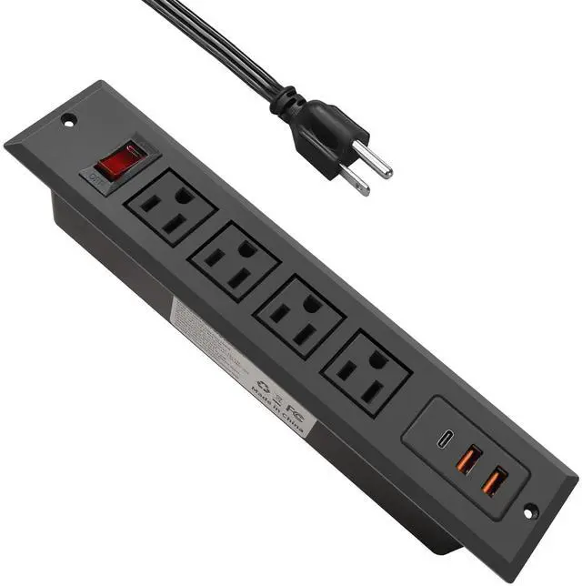 Main image of Recessed Power Strip with Type C 20W PD Fast Charge Desk Power Outlet 4 Outlets 2 USB and 1 USB C Built in Furniture Extension Power Plug for Dorm Office (Black)