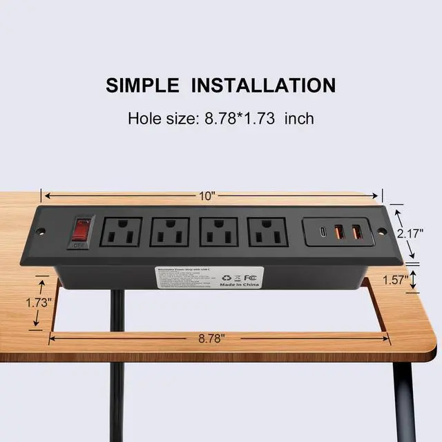 Alt view image 2 of 6 - Recessed Power Strip with Type C 20W PD Fast Charge Desk Power Outlet 4 Outlets 2 USB and 1 USB C Built in Furniture Extension Power Plug for Dorm Office (Black)