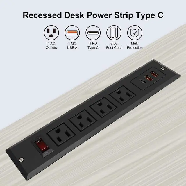 Alt view image 3 of 6 - Recessed Power Strip with Type C 20W PD Fast Charge Desk Power Outlet 4 Outlets 2 USB and 1 USB C Built in Furniture Extension Power Plug for Dorm Office (Black)