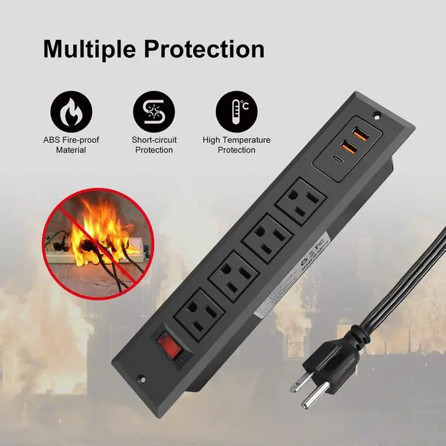 Alt view image 5 of 6 - Recessed Power Strip with Type C 20W PD Fast Charge Desk Power Outlet 4 Outlets 2 USB and 1 USB C Built in Furniture Extension Power Plug for Dorm Office (Black)
