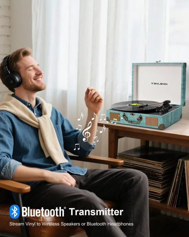 Alt view image 3 of 7 - Suitcase Record Player with Speakers, Bluetooth in/Out, Turquoise | Vintage portable turntable, 3-speed auto stop, bass/treble control, belt drive, RCA/AUX and headphone jack, home decor gift