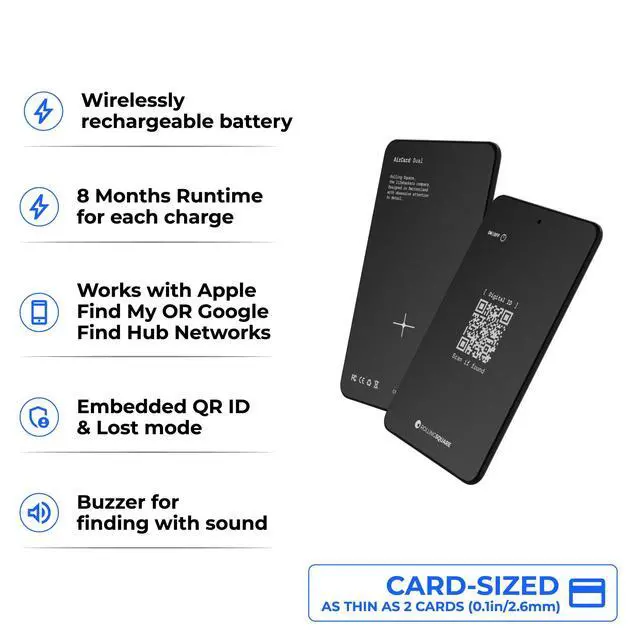 Alt view image 2 of 6 - AirCard Dual - Bluetooth Wallet Tracker - Compatibile with Both Apple iOS Find My and Google Android Find Hub Wireless Charging, Anti-Loss Card Smart Locator, Black