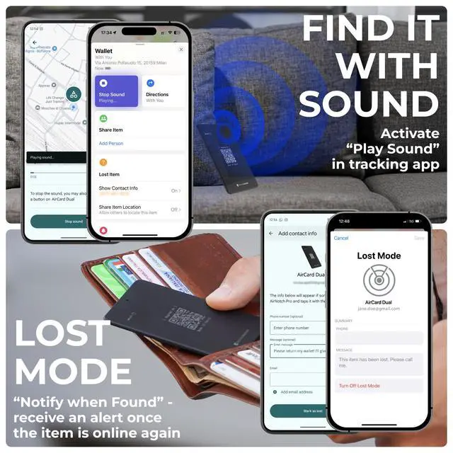Alt view image 5 of 6 - AirCard Dual - Bluetooth Wallet Tracker - Compatibile with Both Apple iOS Find My and Google Android Find Hub Wireless Charging, Anti-Loss Card Smart Locator, Black