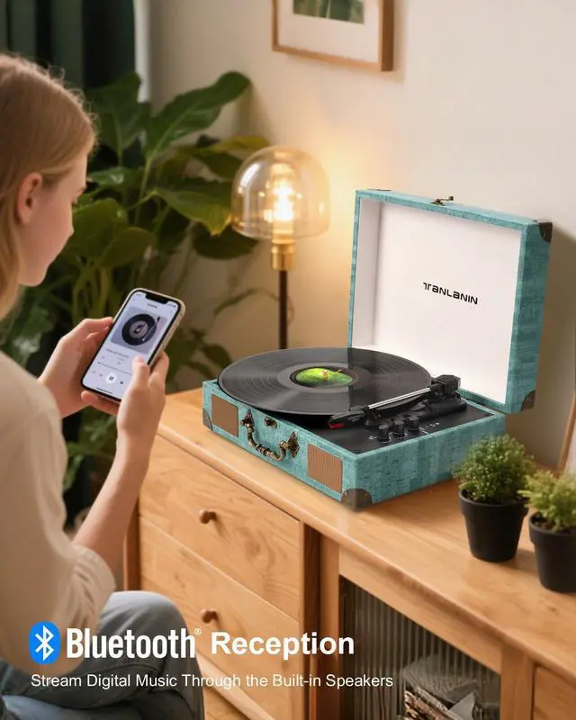 Alt view image 4 of 7 - Suitcase Record Player with Speakers, Bluetooth in/Out, Turquoise | Vintage portable turntable, 3-speed auto stop, bass/treble control, belt drive, RCA/AUX and headphone jack, home decor gift