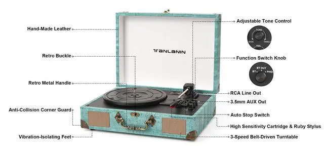Alt view image 6 of 7 - Suitcase Record Player with Speakers, Bluetooth in/Out, Turquoise | Vintage portable turntable, 3-speed auto stop, bass/treble control, belt drive, RCA/AUX and headphone jack, home decor gift