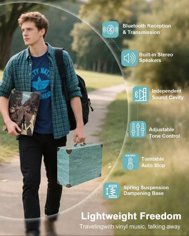 Alt view image 5 of 7 - Suitcase Record Player with Speakers, Bluetooth in/Out, Turquoise | Vintage portable turntable, 3-speed auto stop, bass/treble control, belt drive, RCA/AUX and headphone jack, home decor gift