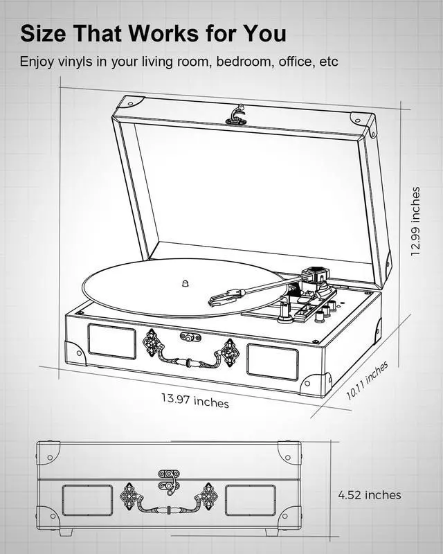 Alt view image 7 of 7 - Suitcase Record Player with Speakers, Bluetooth in/Out, Turquoise | Vintage portable turntable, 3-speed auto stop, bass/treble control, belt drive, RCA/AUX and headphone jack, home decor gift