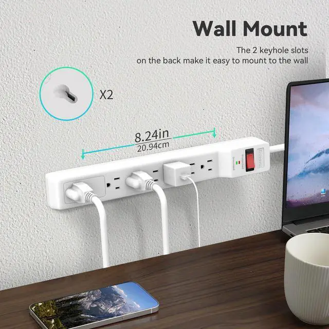 Alt view image 7 of 7 - 20FT Surge Protector (900 Joules) | Flat Plug Power Strip, 20FT Extension Cord with Multiple Outlets, 7 Outlets, ETL Listed, 14 Gauge, Wall Mountable, White